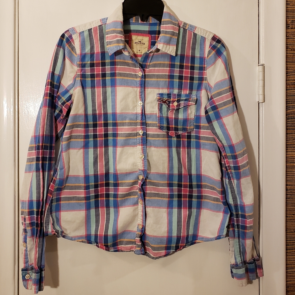 Hollister Women's Plaid Blue and Pink Button Down